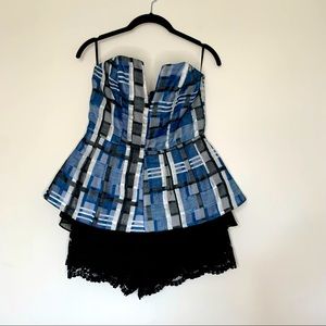 NBD Plaid Blue Lace Bustier Romper